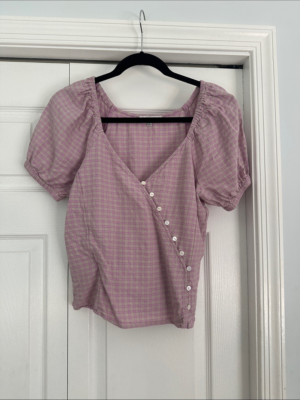 Madewell Lavender Plaid Puff Sleeve Wrap Top